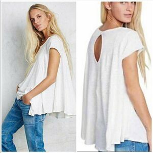 Free People We the Free Ivory Linen Blend Sylvie Keyhole Trapeze Fit Tee Size PS